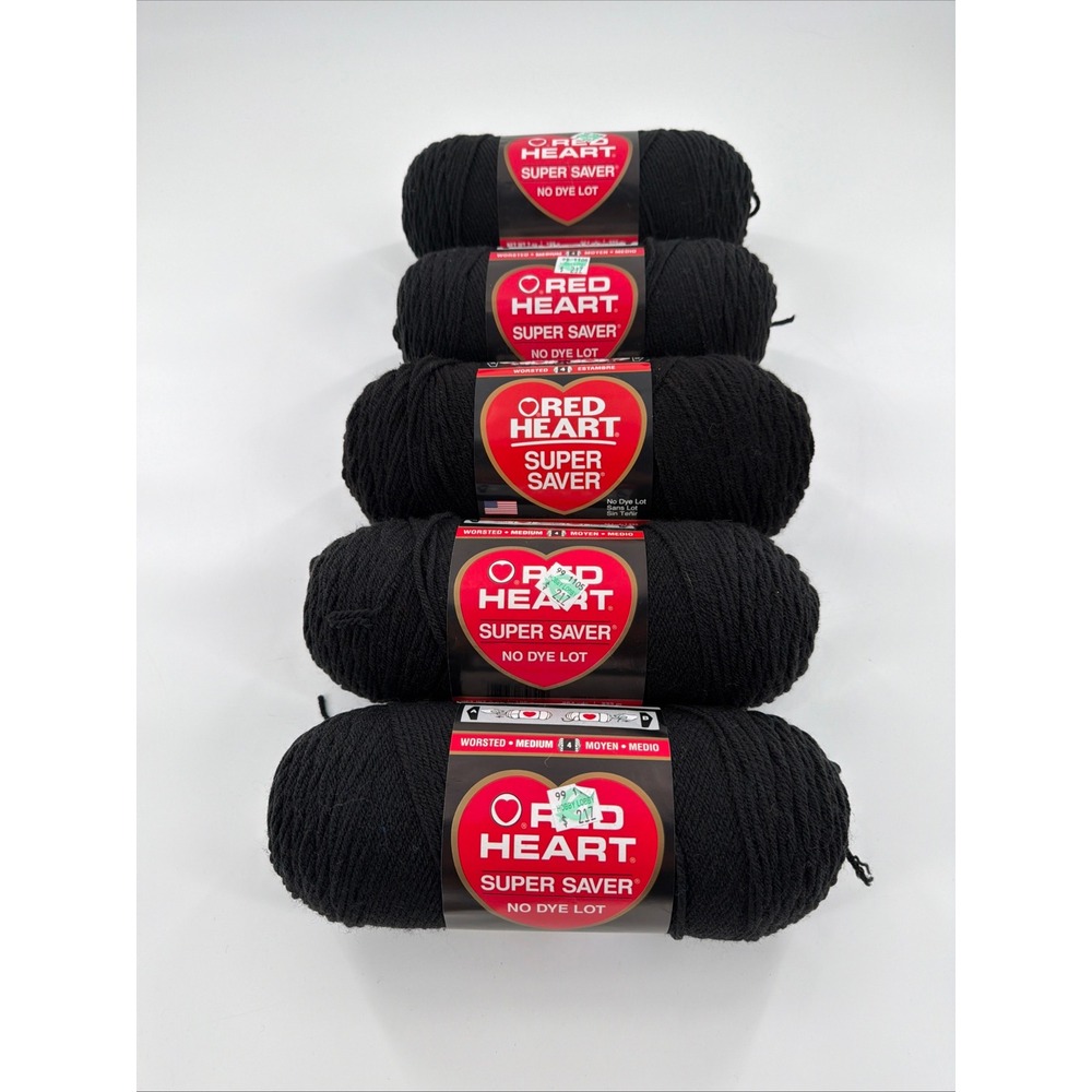 Red Heart Super Saver Yarn Black 0312 Medium Worsted 7oz 5 Skeins Lot